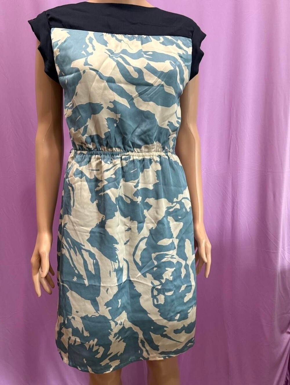 The Limited Blue Abstract Floral Cap Sleeve Elastic Waist Dress Navy Yoke Small